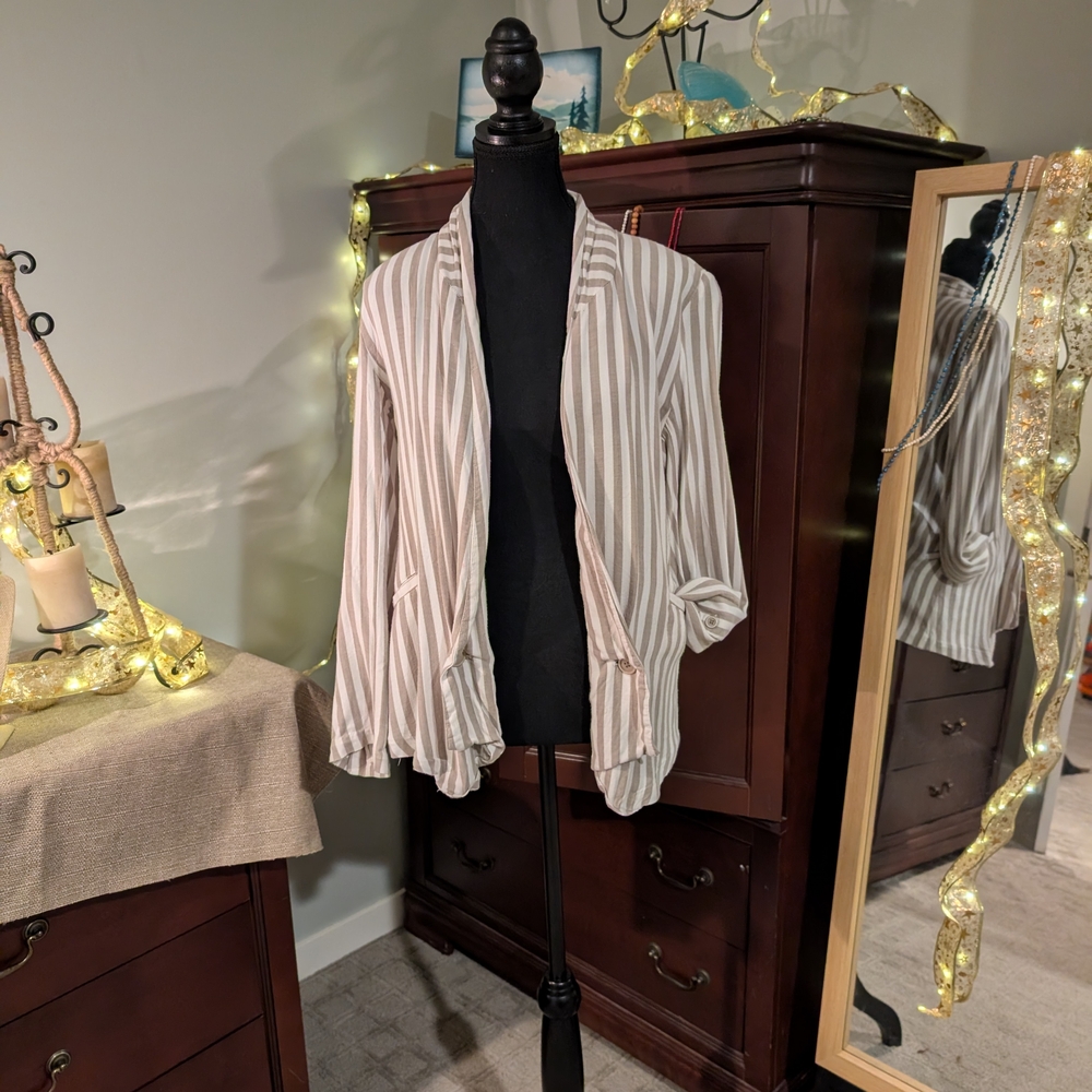 RVCA Beige and White Striped Buttoned Sleeve